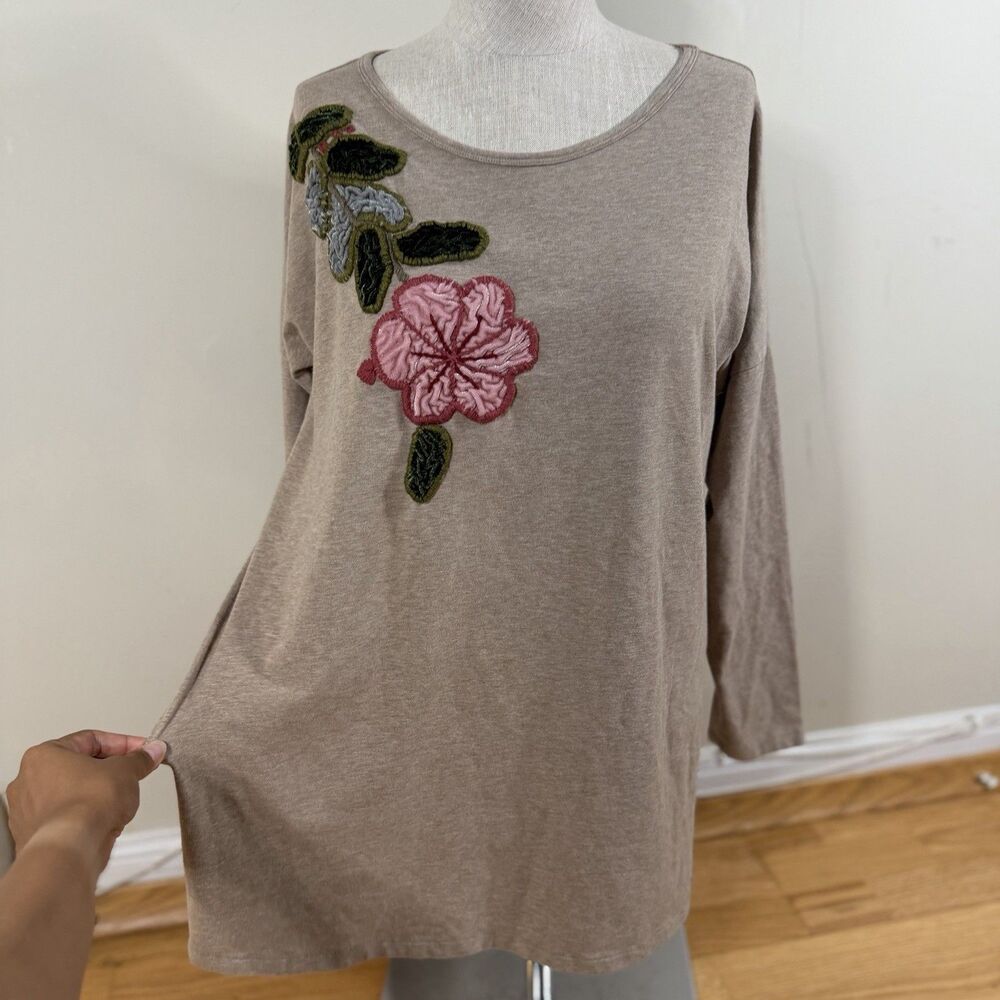 Soft Surroundings Floral Applique Embroidered Knit Tunic Top Taupe S Boho Artsy